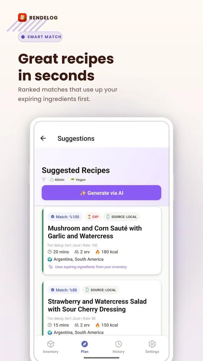 L'application Rendelog affichant des suggestions de recettes classées par l'IA à partir des ingrédients du garde-manger