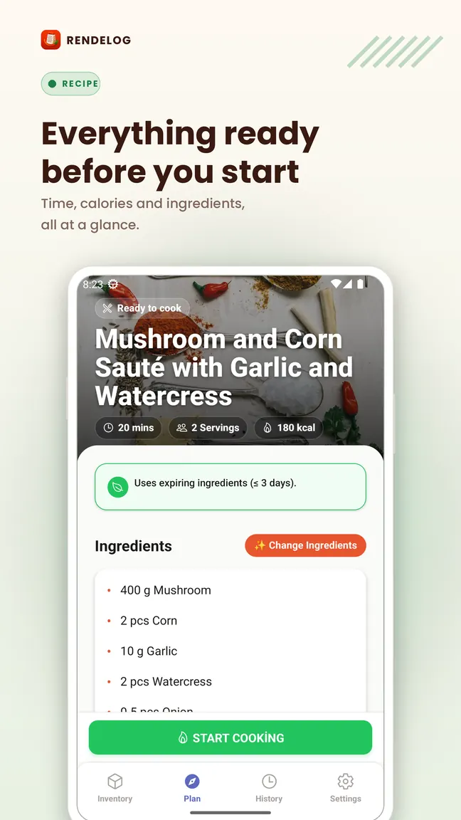 Capture Rendelog : Recette complète avec vos ingrédients repérés