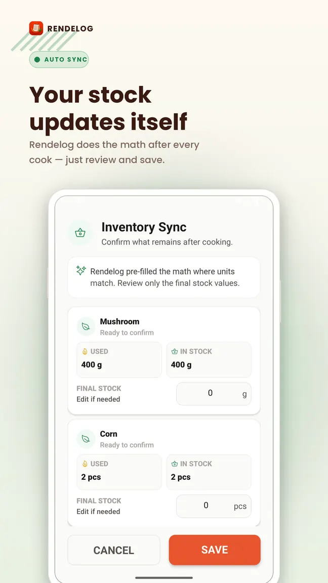 Capture Rendelog : Inventaire mis à jour après chaque plat