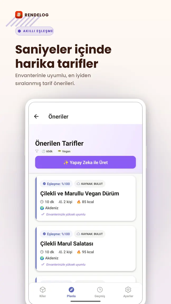 Rendelog uygulaması, kilerindeki malzemelere göre sıralanmış yapay zeka tarif önerilerini gösteriyor