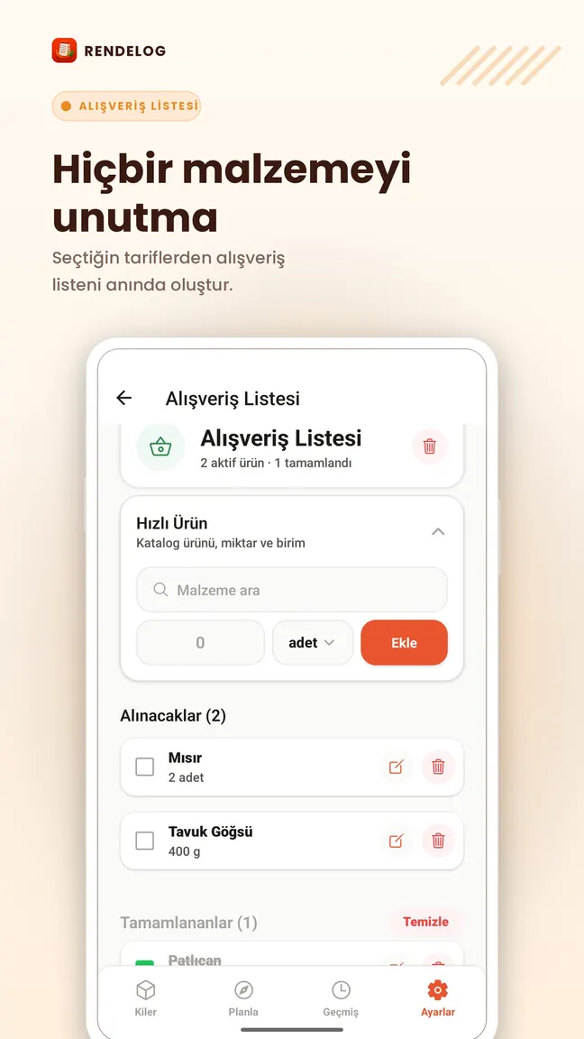 Rendelog ekran görüntüsü: Eksik malzemeler alışveriş listesine
